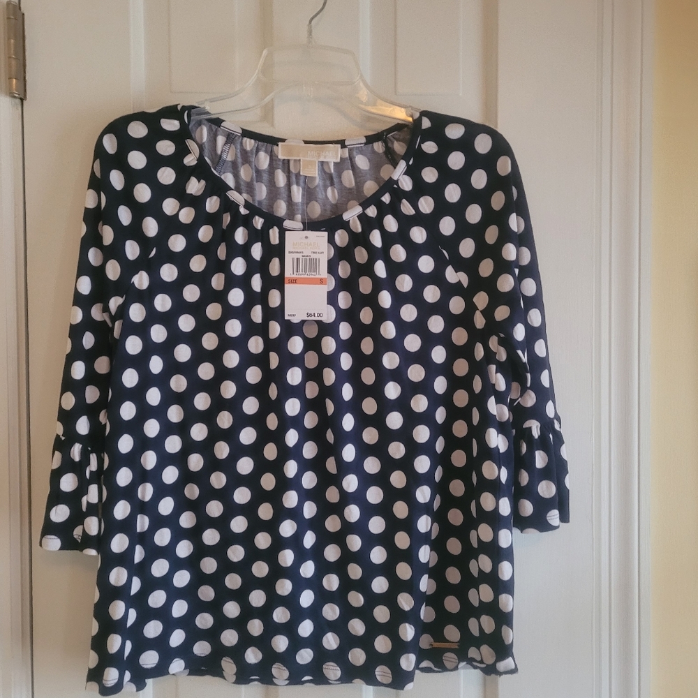 Michael Kors Womens Navy Blue White Polka Dots Bell Sleeve Casual Top Size Small